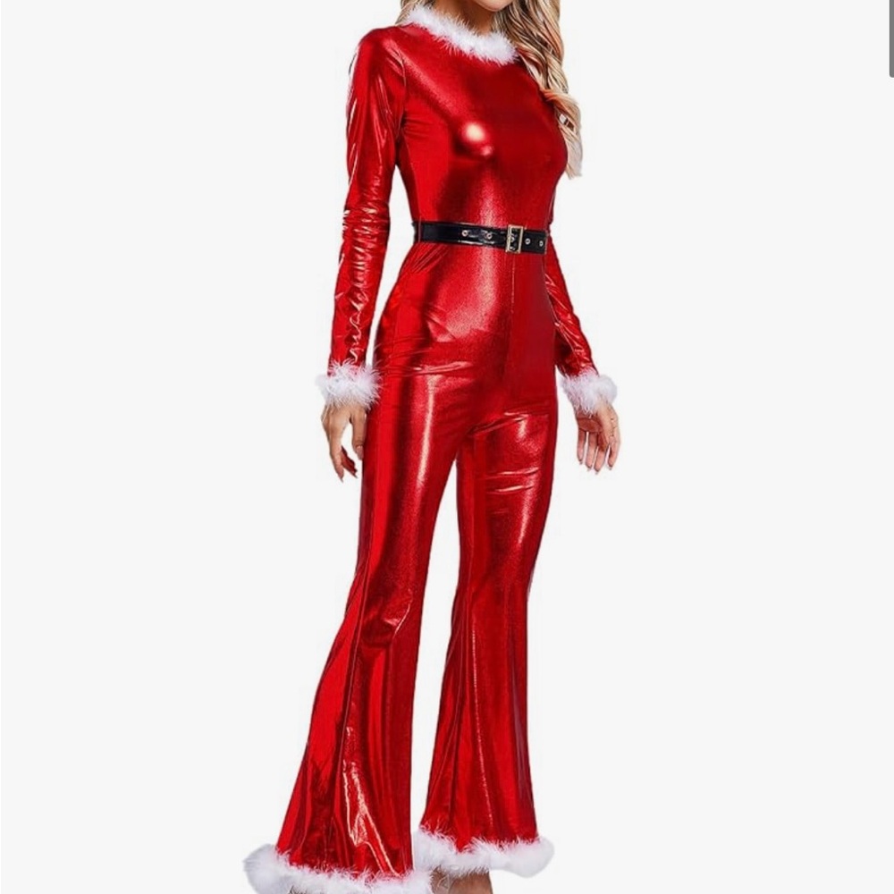 Christmas Red Metallic Jumpsuit with Faux Fur Trim